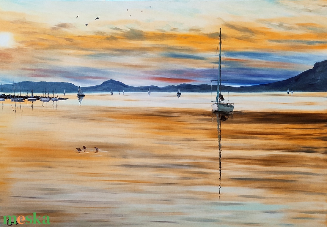 Vitorlás a naplementében Balatonmáriafürdőn- Balatoni olaj tájkép 100 cmx70 cm - művészet - festmény - olajfestmény - Meska.hu