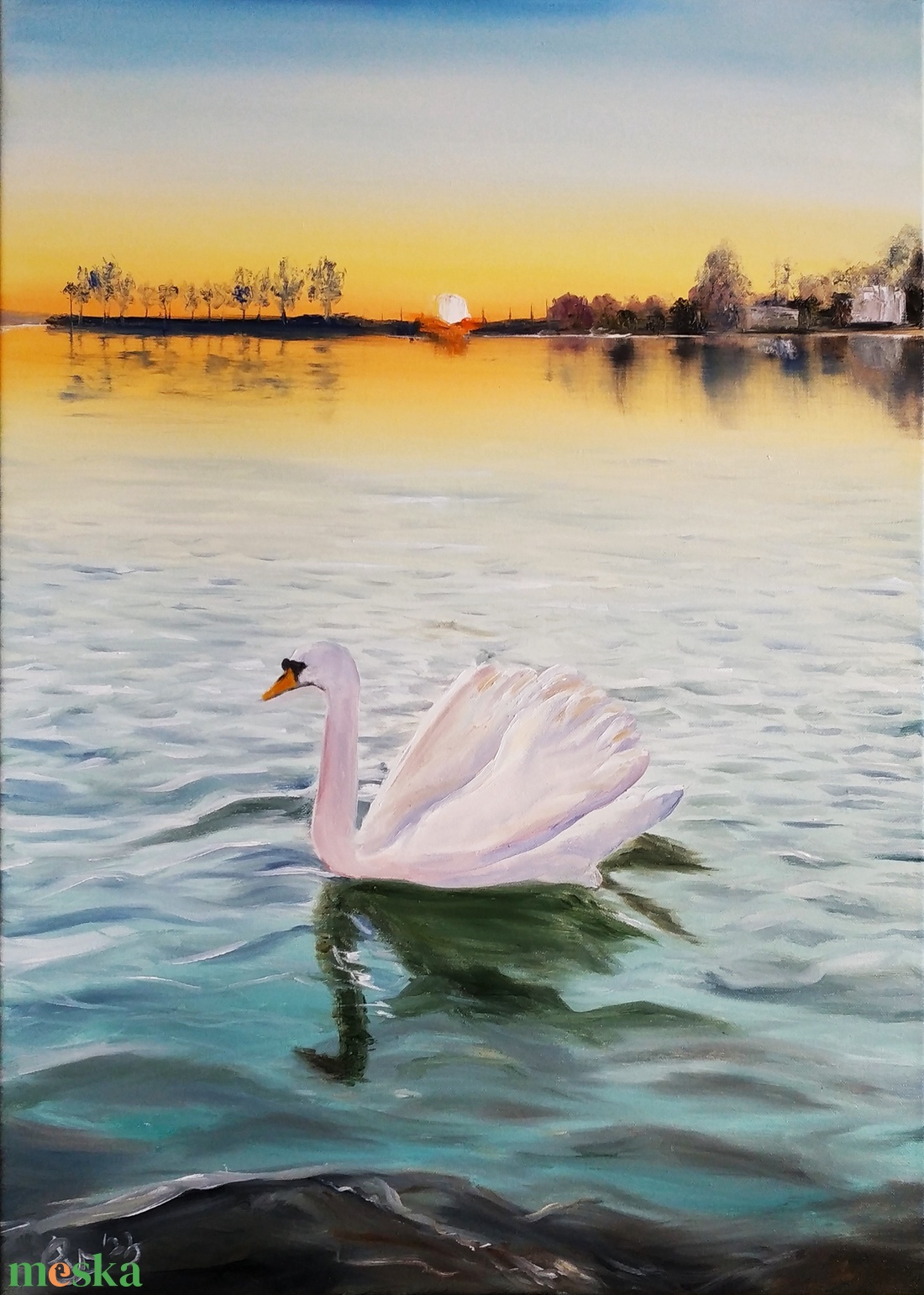 Balatoni hattyú Révfülöpön- 50x70 cm, olajfestmény  - művészet - festmény - olajfestmény - Meska.hu