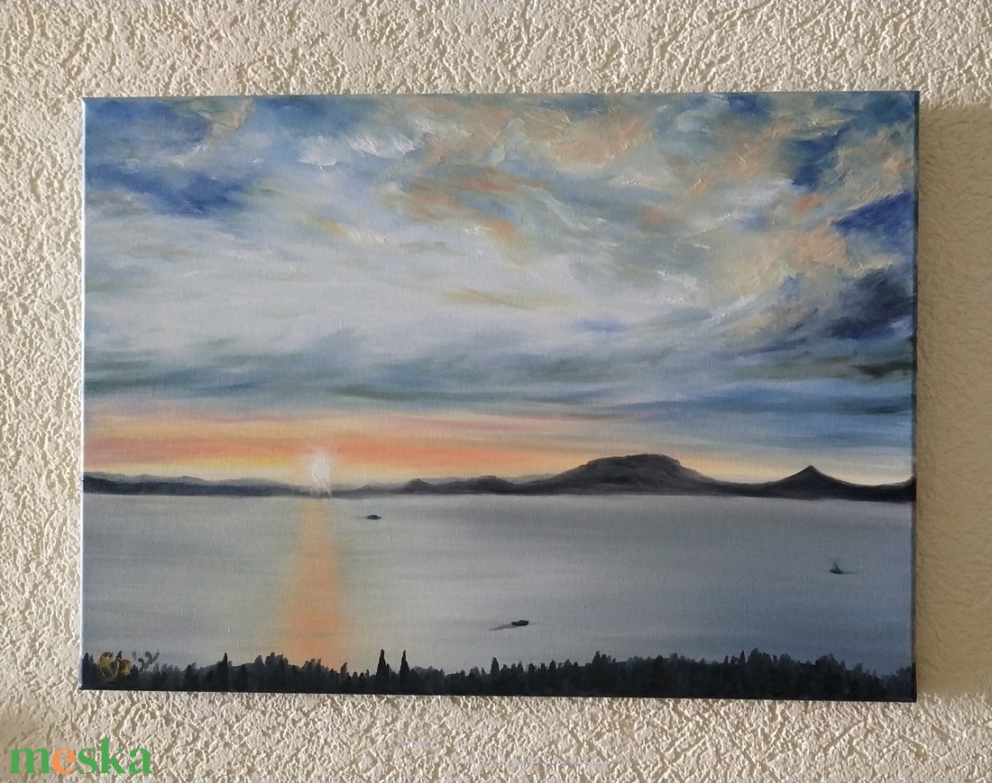 Naplemente Fonyódról a tanuhegyekkel - olaj tájkép 70x50cm - művészet - festmény - olajfestmény - Meska.hu