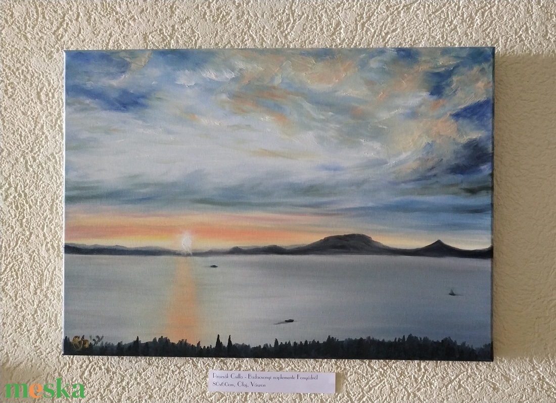 Naplemente Fonyódról a tanuhegyekkel - olaj tájkép 70x50cm - művészet - festmény - olajfestmény - Meska.hu