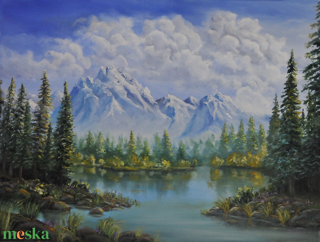 Hegyi tó - olaj tájkép 70x50cm  - művészet - festmény - olajfestmény - Meska.hu