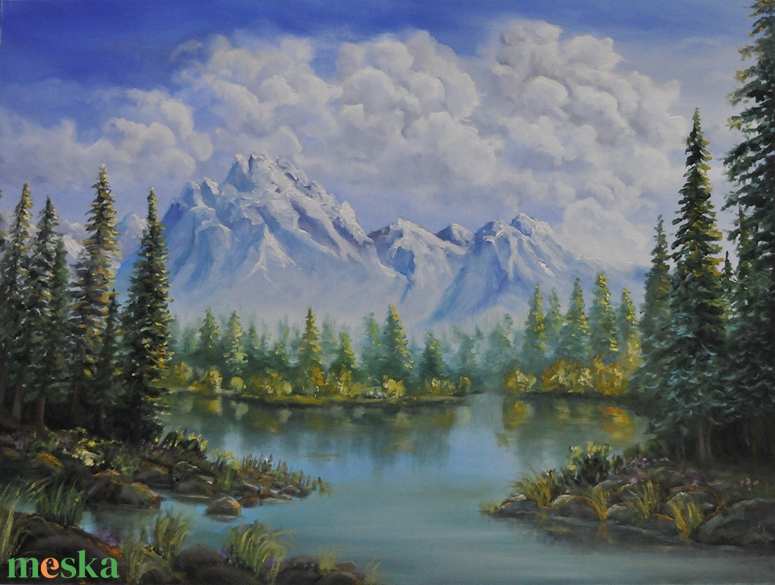 Hegyi tó - olaj tájkép 70x50cm  - művészet - festmény - olajfestmény - Meska.hu