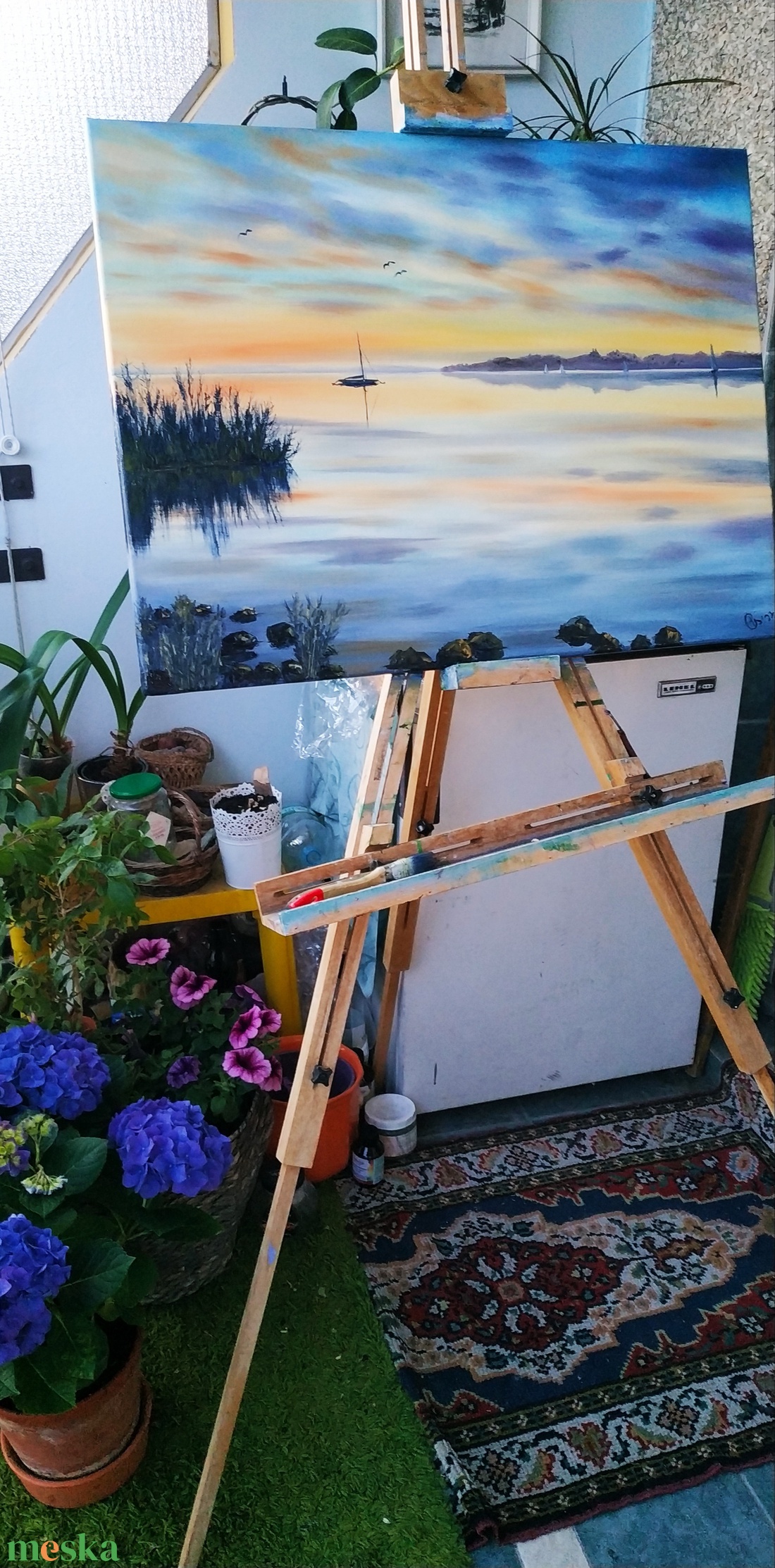 Vitorlás a naplementében Tihanyi látképpel - Balatoni olaj tájkép 70x50 cm - művészet - festmény - olajfestmény - Meska.hu
