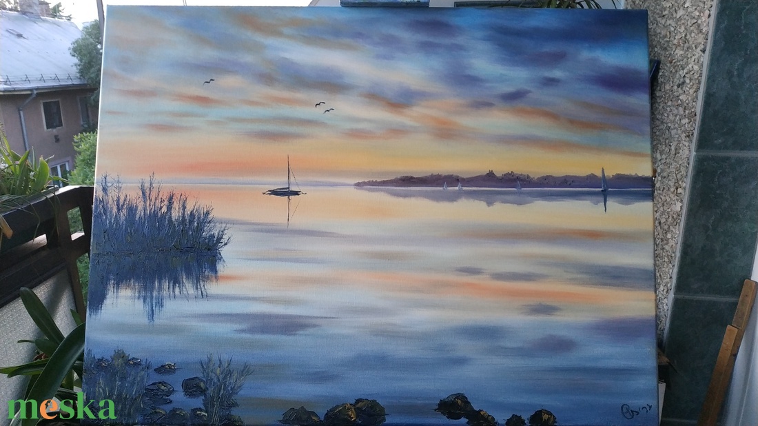 Vitorlás a naplementében Tihanyi látképpel - Balatoni olaj tájkép 70x50 cm - művészet - festmény - olajfestmény - Meska.hu