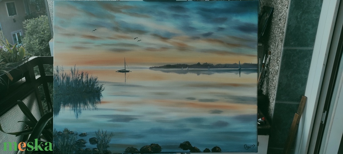 Vitorlás a naplementében Tihanyi látképpel - Balatoni olaj tájkép 70x50 cm - művészet - festmény - olajfestmény - Meska.hu