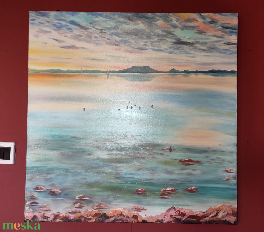 Naplemente a Badacsonnyal Fonyódról - olaj tájkép 90x90cm - művészet - festmény - olajfestmény - Meska.hu