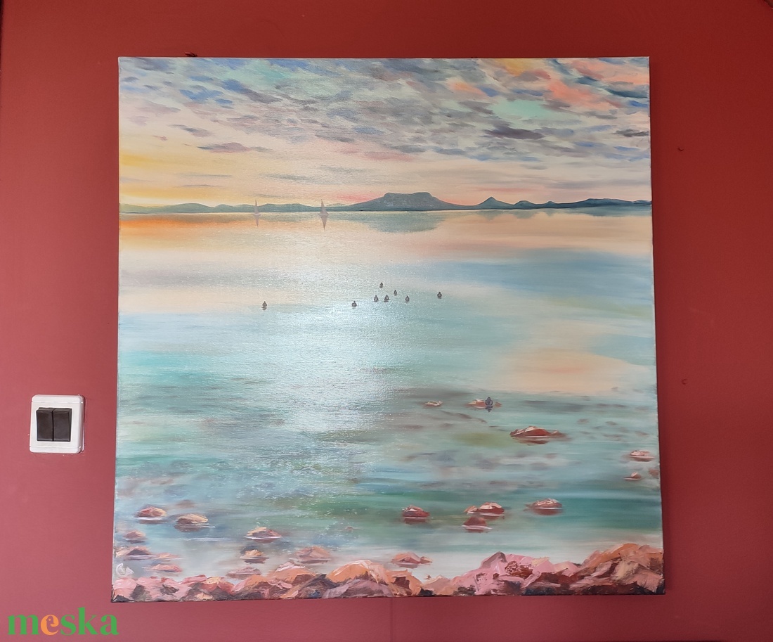 Naplemente a Badacsonnyal Fonyódról - olaj tájkép 90x90cm - művészet - festmény - olajfestmény - Meska.hu