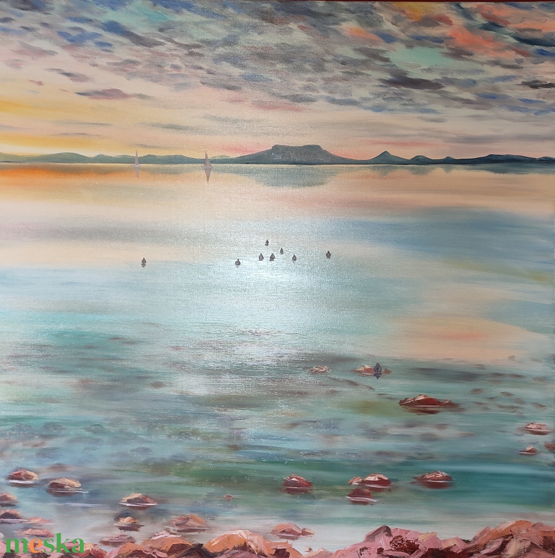 Naplemente a Badacsonnyal Fonyódról - olaj tájkép 90x90cm - művészet - festmény - olajfestmény - Meska.hu