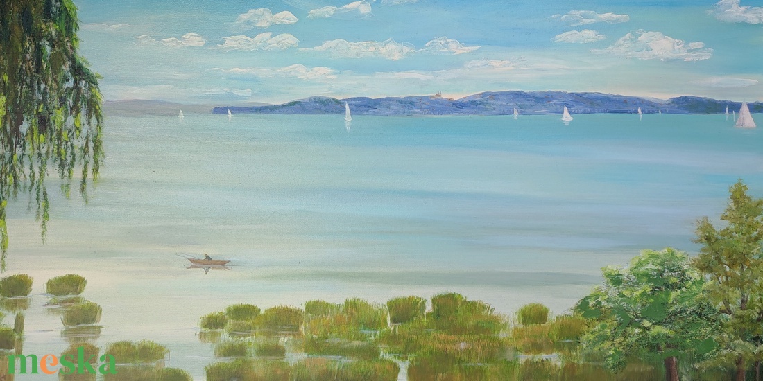 Balaton Alsóörsről Tihany látképével - olaj tájkép 100x50 cm - művészet - festmény - olajfestmény - Meska.hu