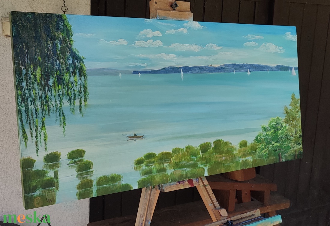 Balaton Alsóörsről Tihany látképével - olaj tájkép 100x50 cm - művészet - festmény - olajfestmény - Meska.hu