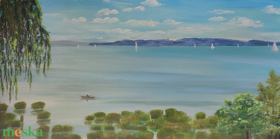 Balaton Alsóörsről Tihany látképével - olaj tájkép 100x50 cm - művészet - festmény - olajfestmény - Meska.hu