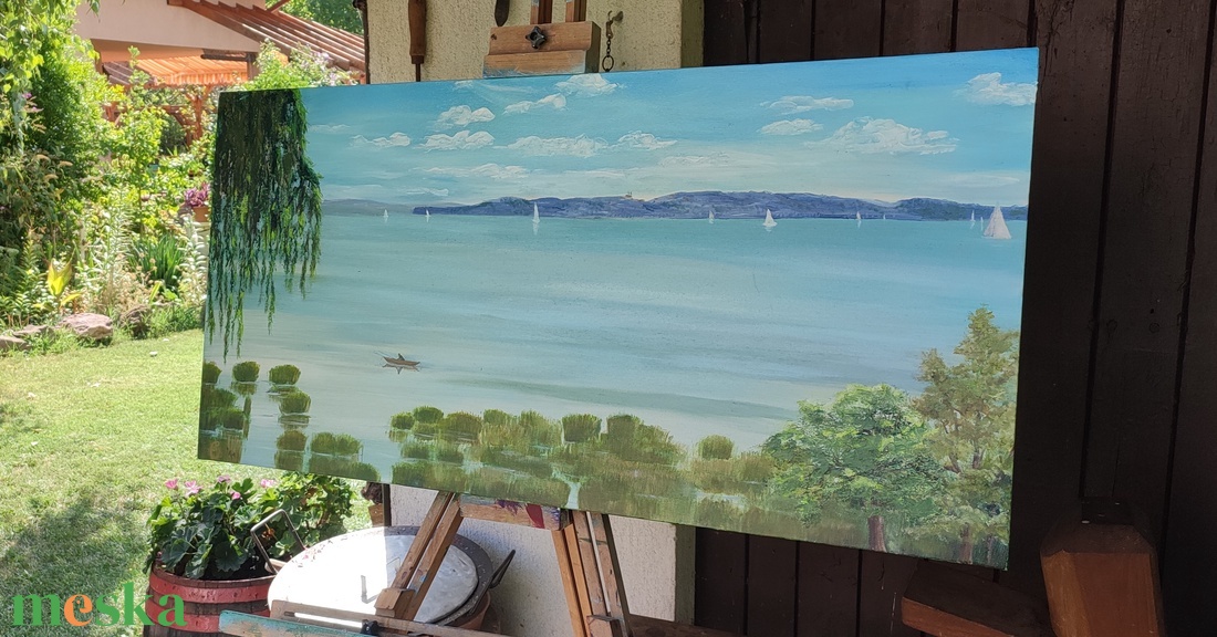 Balaton Alsóörsről Tihany látképével - olaj tájkép 100x50 cm - művészet - festmény - olajfestmény - Meska.hu