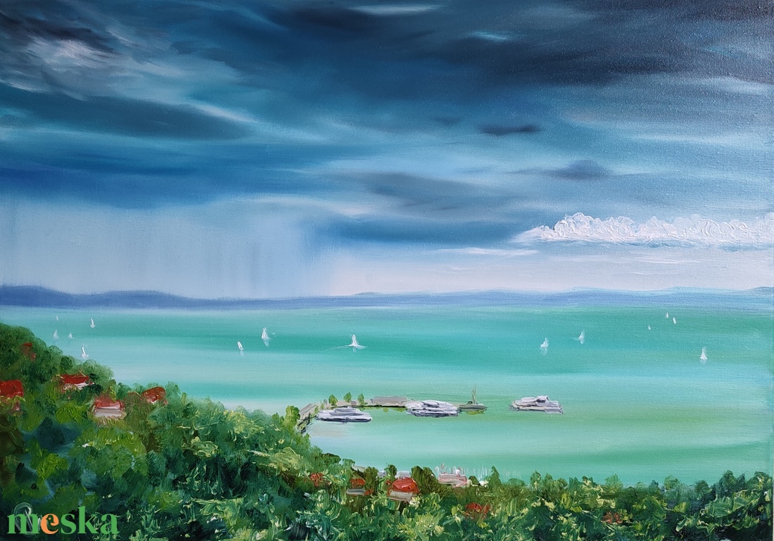 Kilátás a tihanyi sétányról a kikötőre, 70x50 cm olajfestmény - művészet - festmény - olajfestmény - Meska.hu