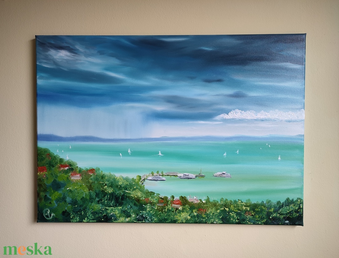 Kilátás a tihanyi sétányról a kikötőre, 70x50 cm olajfestmény - művészet - festmény - olajfestmény - Meska.hu