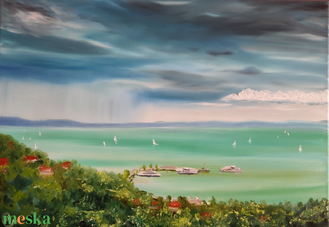 Kilátás a tihanyi sétányról a kikötőre, 70x50 cm olajfestmény - művészet - festmény - olajfestmény - Meska.hu