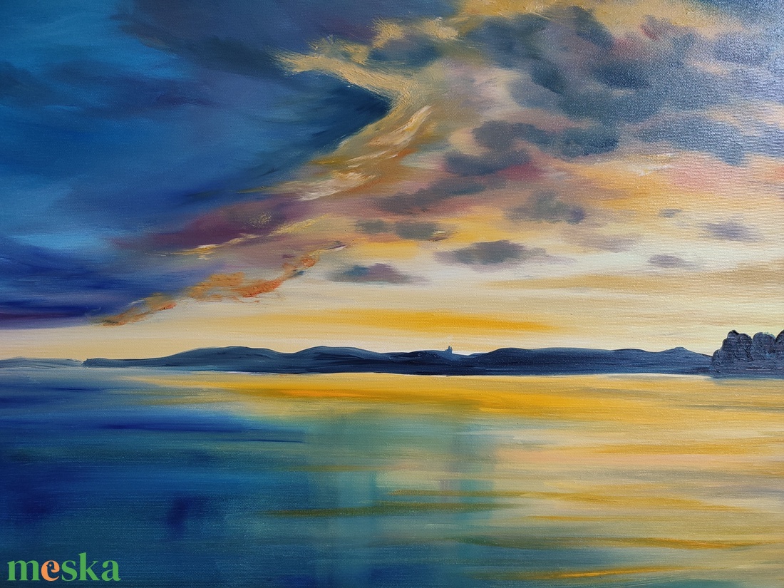 Alsóörsi naplemente Tihany látképével- 85x60 cm, olaj, vászon  - művészet - festmény - olajfestmény - Meska.hu