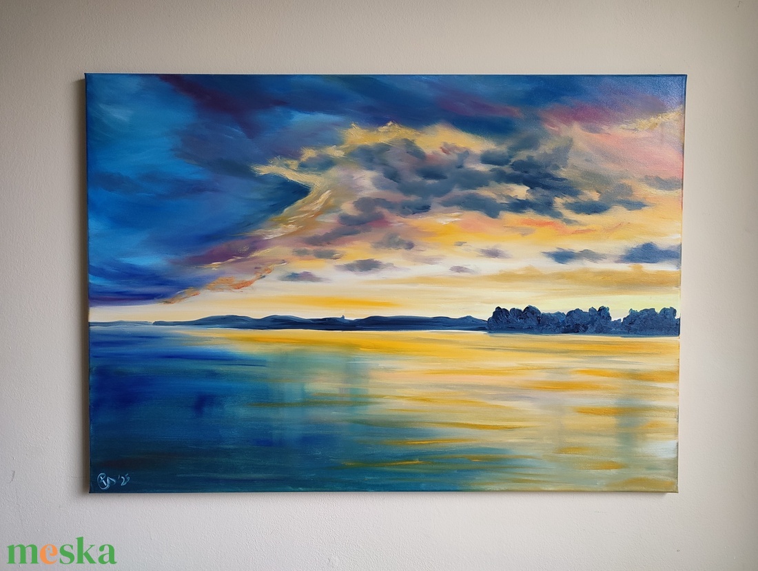 Alsóörsi naplemente Tihany látképével- 85x60 cm, olaj, vászon  - művészet - festmény - olajfestmény - Meska.hu