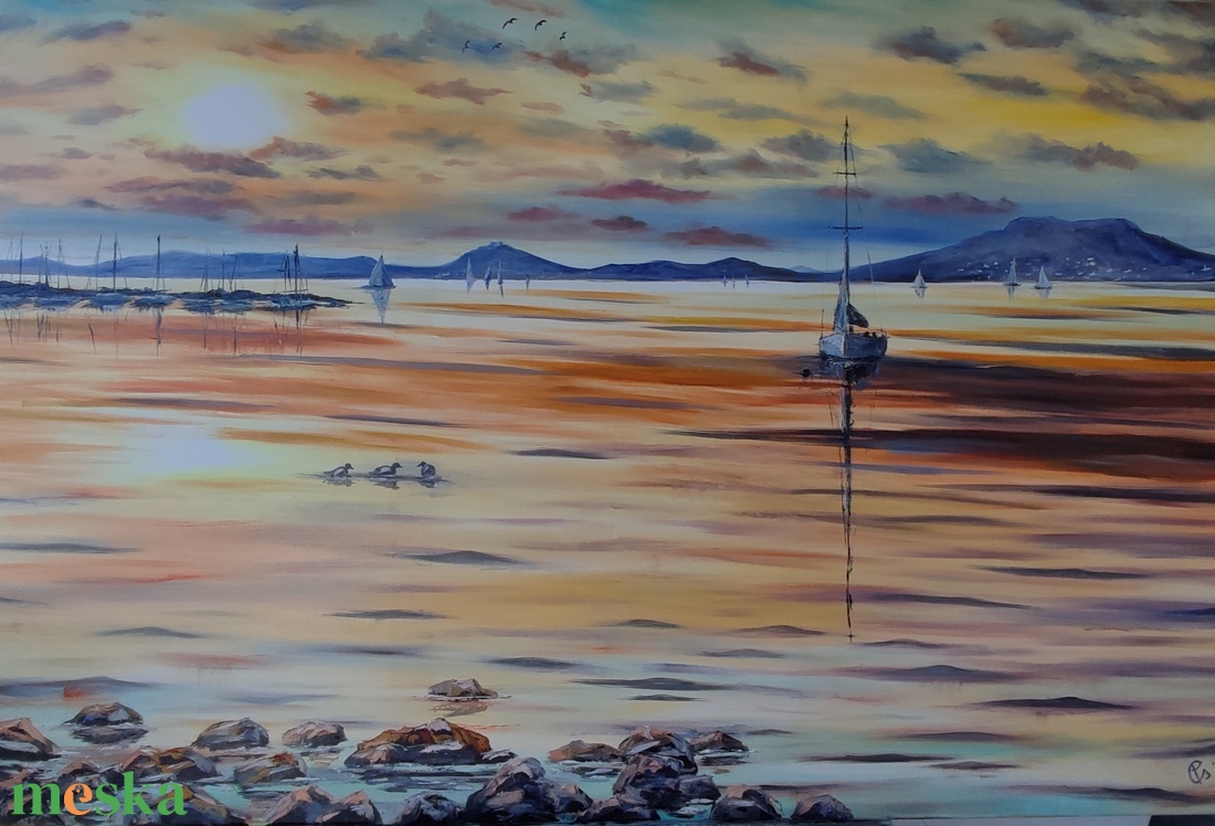 Vitorlás a naplementében Balatonmáriafürdőn- Balatoni olaj tájkép 100 cmx70 cm - művészet - festmény - olajfestmény - Meska.hu