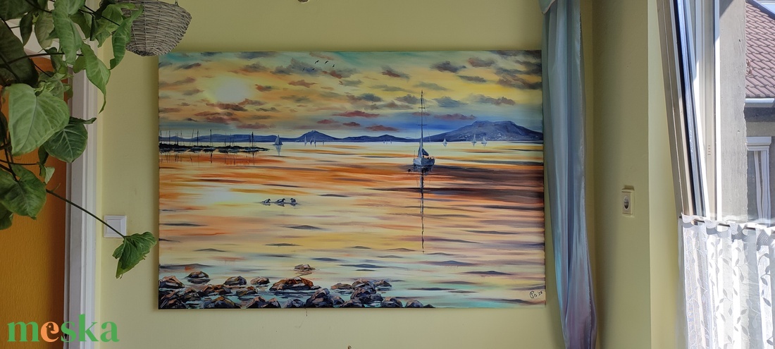 Vitorlás a naplementében Balatonmáriafürdőn- Balatoni olaj tájkép 100 cmx70 cm - művészet - festmény - olajfestmény - Meska.hu