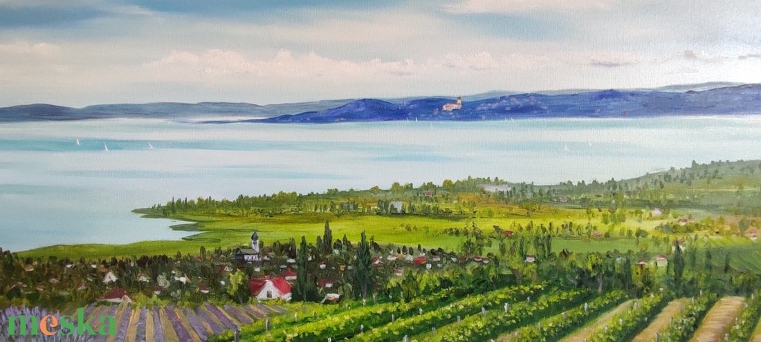 Balaton Csopakról Tihany látképével - olaj tájkép 130x50 cm - művészet - festmény - olajfestmény - Meska.hu