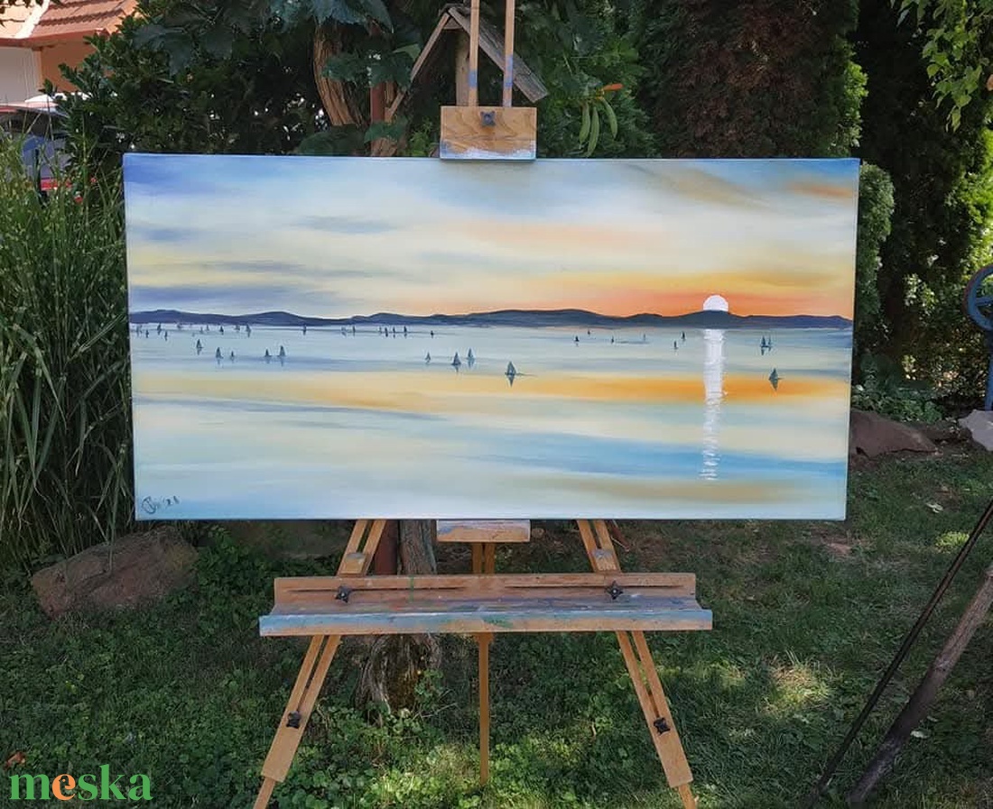 Kék szalag a naplementében - olaj tájkép 100x50 cm - művészet - festmény - olajfestmény - Meska.hu