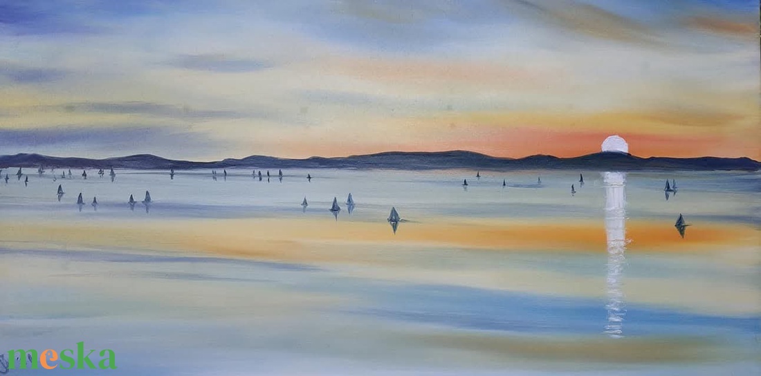 Kék szalag a naplementében - olaj tájkép 100x50 cm - művészet - festmény - olajfestmény - Meska.hu