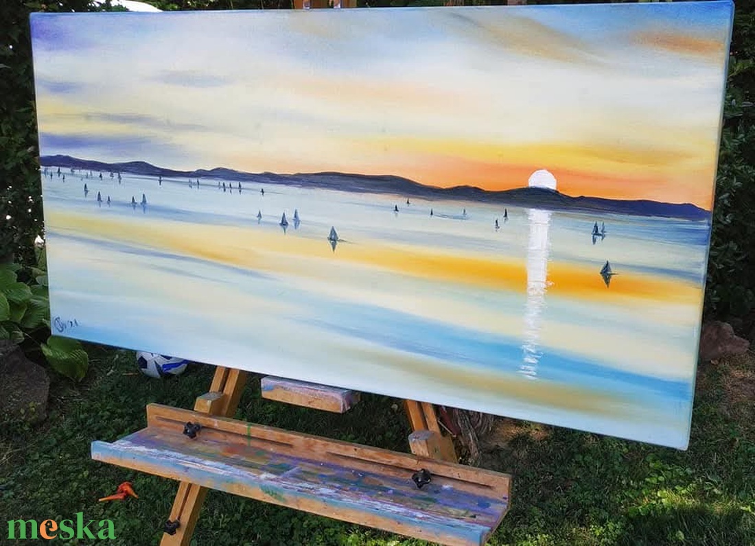 Kék szalag a naplementében - olaj tájkép 100x50 cm - művészet - festmény - olajfestmény - Meska.hu