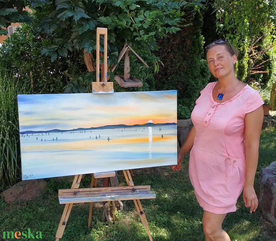 Kék szalag a naplementében - olaj tájkép 100x50 cm - művészet - festmény - olajfestmény - Meska.hu