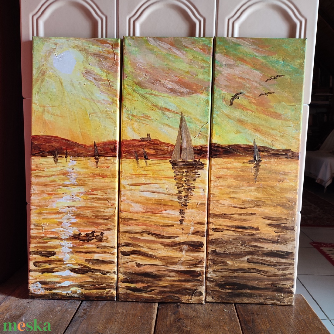 Naplemente a tihanyi apátsággal - akril tájkép 60x60cm - művészet - festmény - olajfestmény - Meska.hu