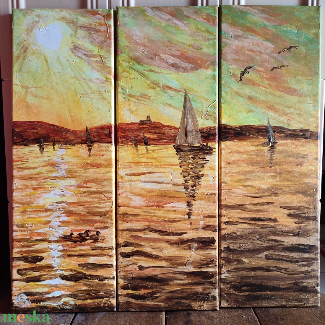 Naplemente a tihanyi apátsággal - akril tájkép 60x60cm - művészet - festmény - olajfestmény - Meska.hu