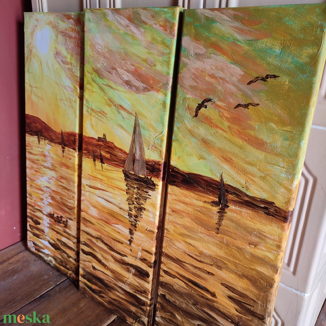 Naplemente a tihanyi apátsággal - akril tájkép 60x60cm - művészet - festmény - olajfestmény - Meska.hu