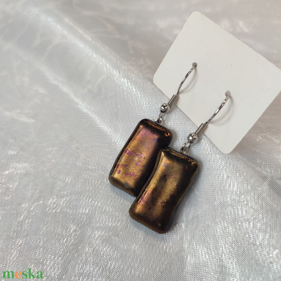 Barna-bronz csillogós antiallergén üvegékszer lógós fülbevaló - ékszer - fülbevaló - lógó fülbevaló - Meska.hu