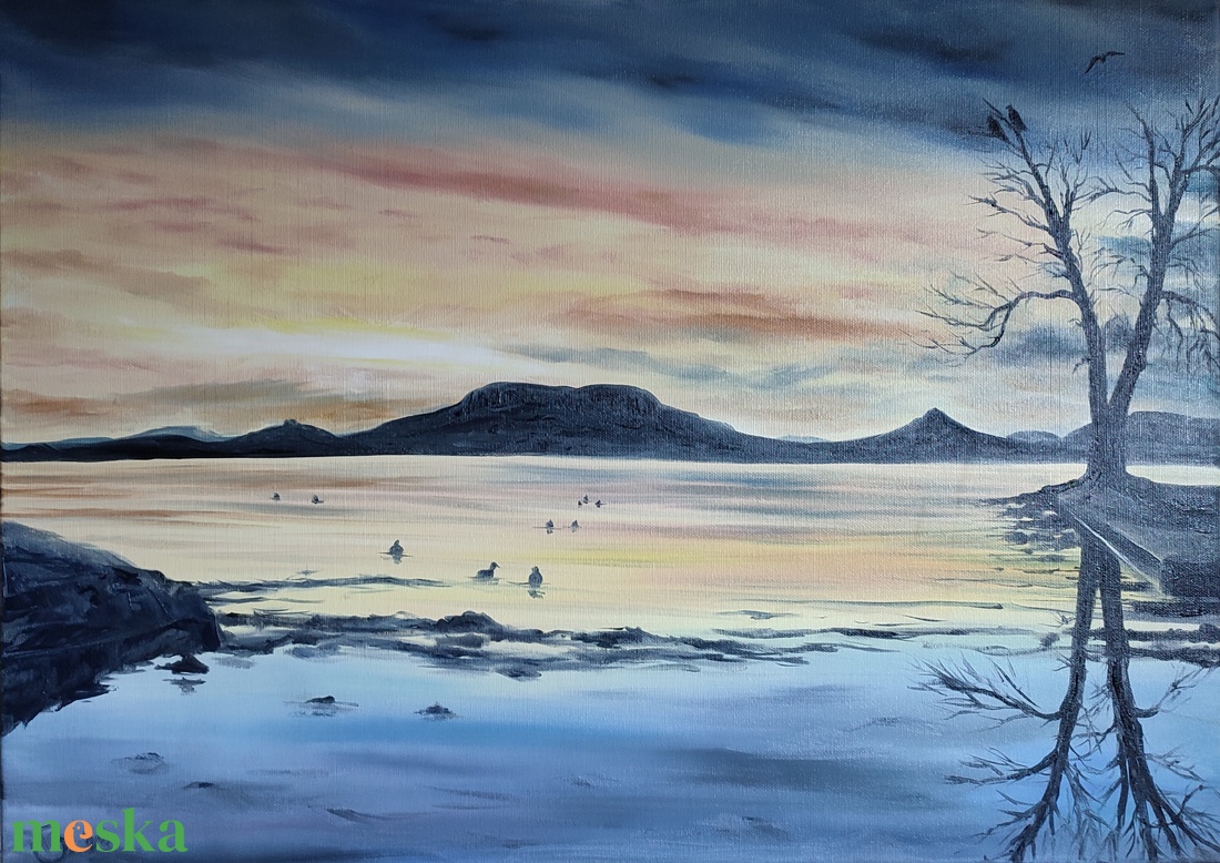 Téli naplemente Fonyódról - olaj tájkép 70x50cm - művészet - festmény - olajfestmény - Meska.hu