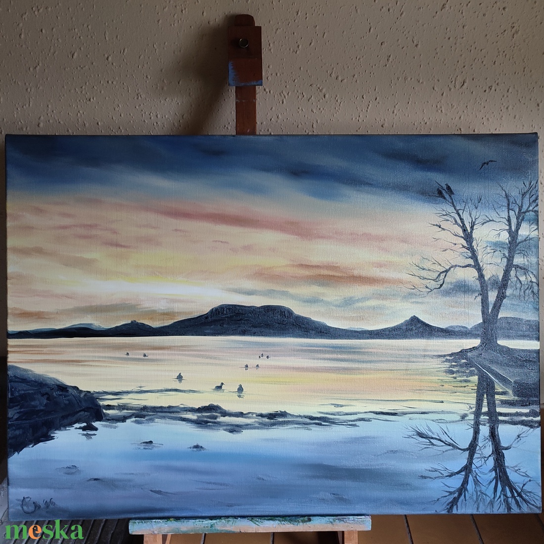 Téli naplemente Fonyódról - olaj tájkép 70x50cm - művészet - festmény - olajfestmény - Meska.hu