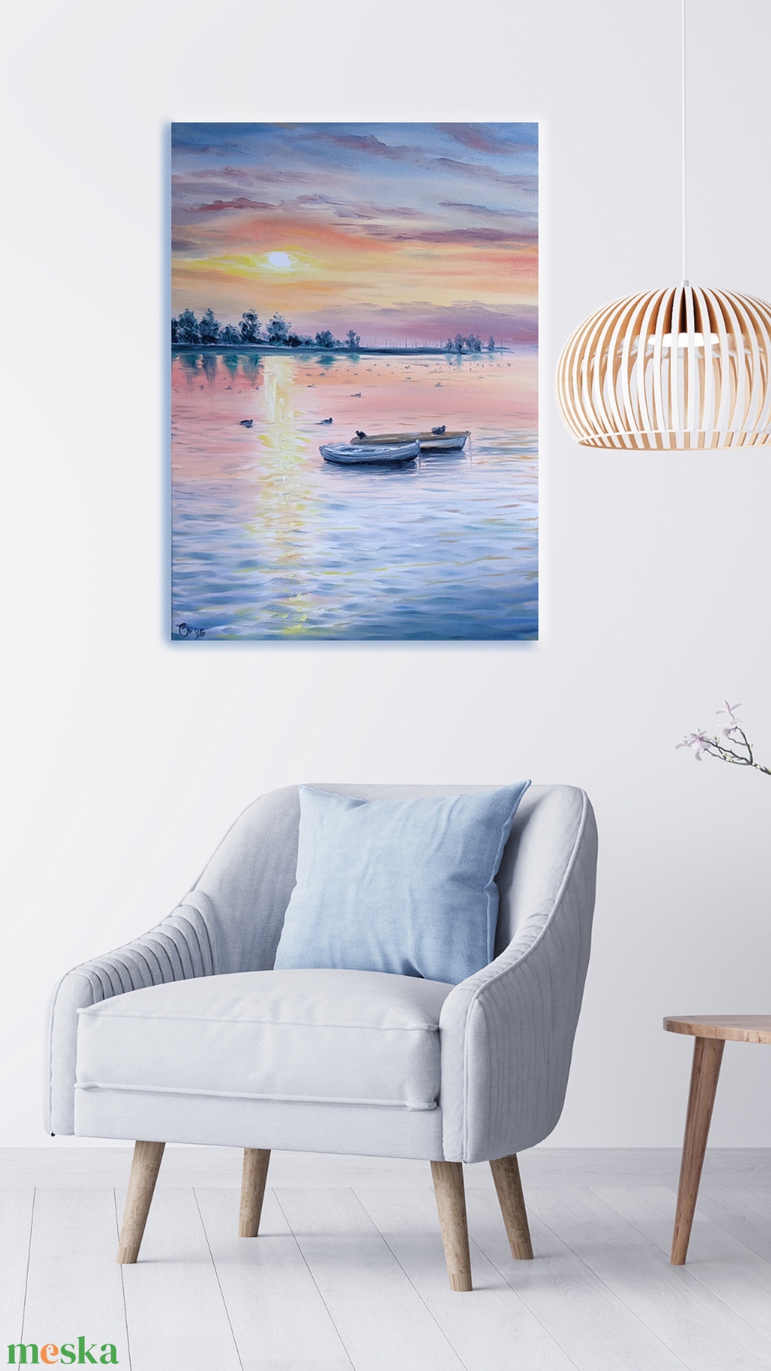 Csónakok a naplementében kacsákkal - Balatoni olaj tájkép 50x70 cm - művészet - festmény - olajfestmény - Meska.hu