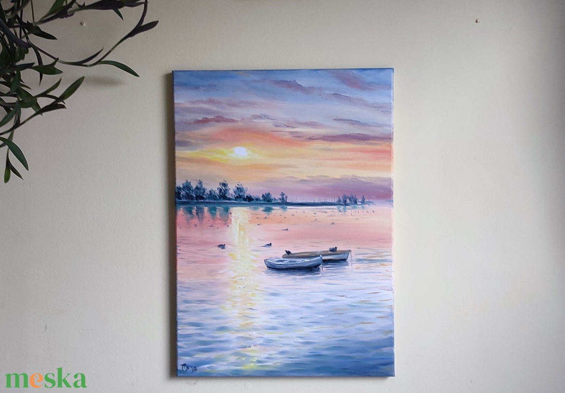 Csónakok a naplementében kacsákkal - Balatoni olaj tájkép 50x70 cm - művészet - festmény - olajfestmény - Meska.hu
