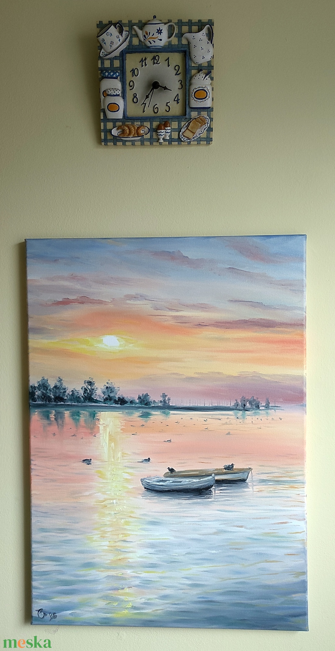 Csónakok a naplementében kacsákkal - Balatoni olaj tájkép 50x70 cm - művészet - festmény - olajfestmény - Meska.hu