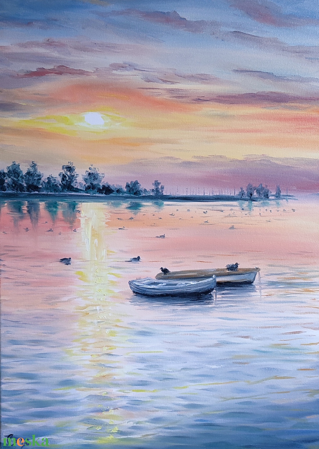 Csónakok a naplementében kacsákkal - Balatoni olaj tájkép 50x70 cm - művészet - festmény - olajfestmény - Meska.hu