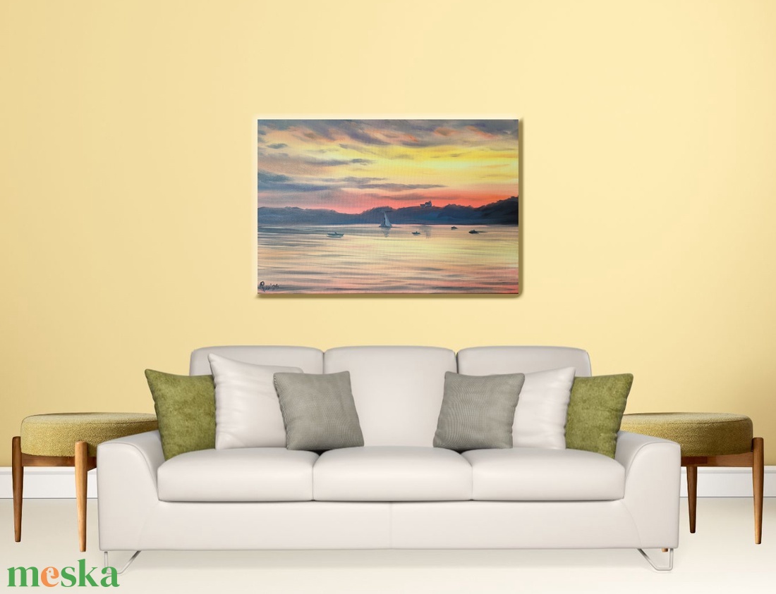 Tihanyi naplemente Füredről - 50x40 cm-es olaj tájkép - művészet - festmény - olajfestmény - Meska.hu