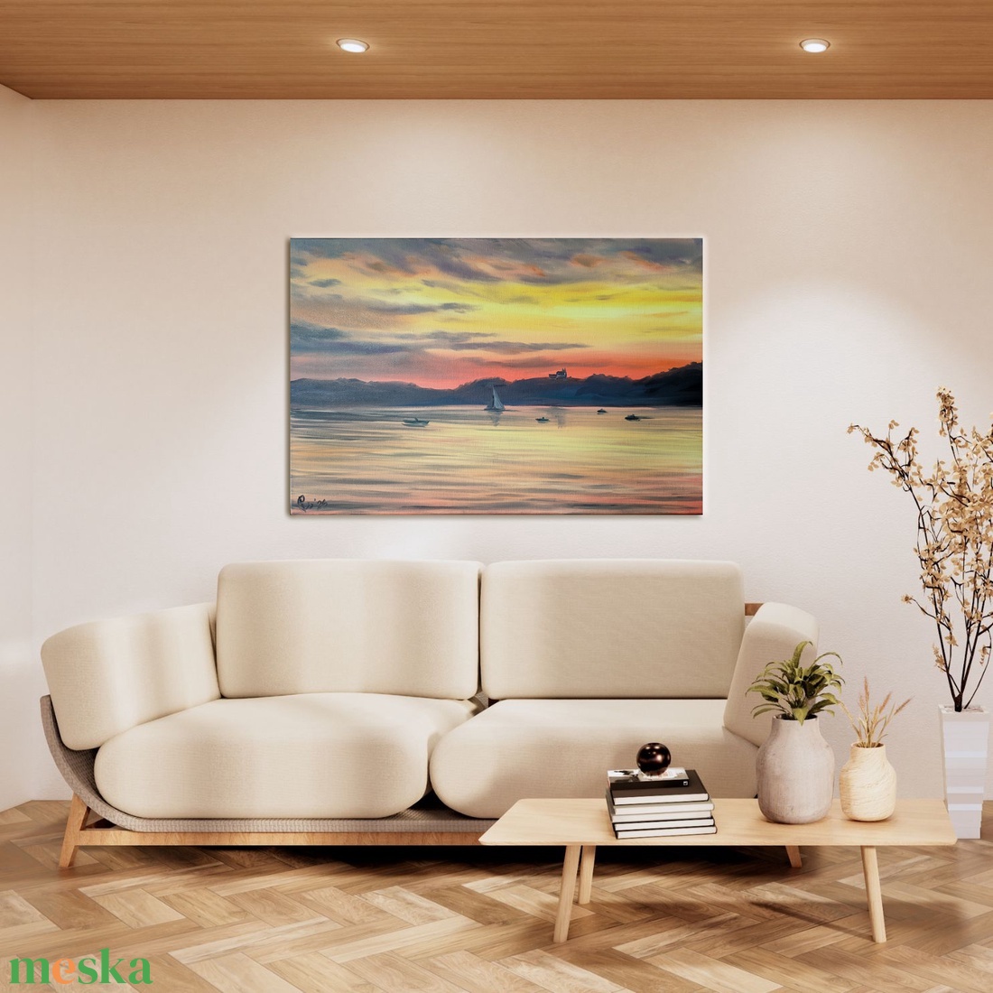 Tihanyi naplemente Füredről - 50x40 cm-es olaj tájkép - művészet - festmény - olajfestmény - Meska.hu