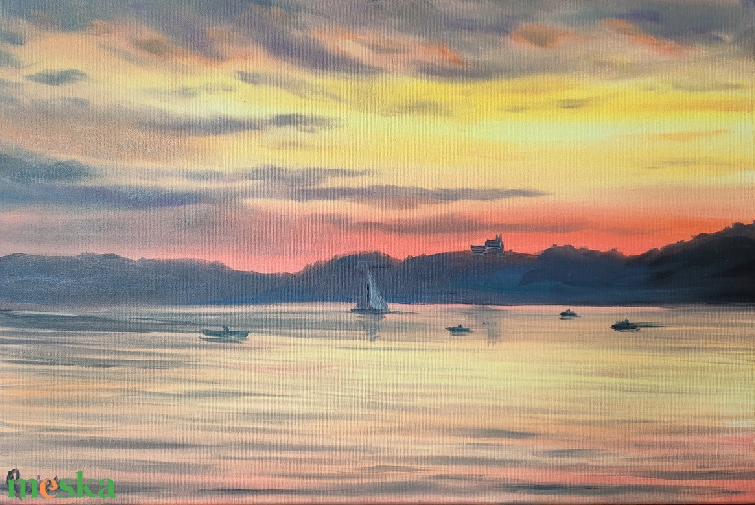 Tihanyi naplemente Füredről - 50x40 cm-es olaj tájkép - művészet - festmény - olajfestmény - Meska.hu