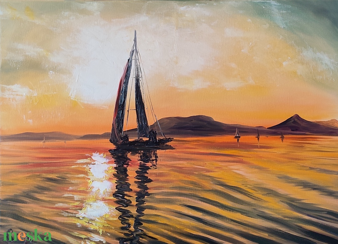 Vitorlás a naplementében - Balatoni olaj tájkép 50x70 cm - művészet - festmény - olajfestmény - Meska.hu