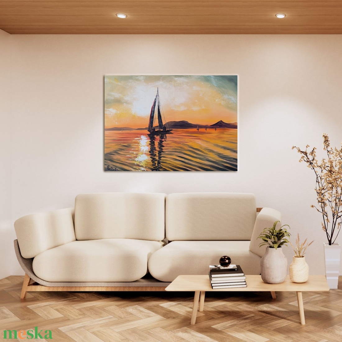Vitorlás a naplementében - Balatoni olaj tájkép 50x70 cm - művészet - festmény - olajfestmény - Meska.hu