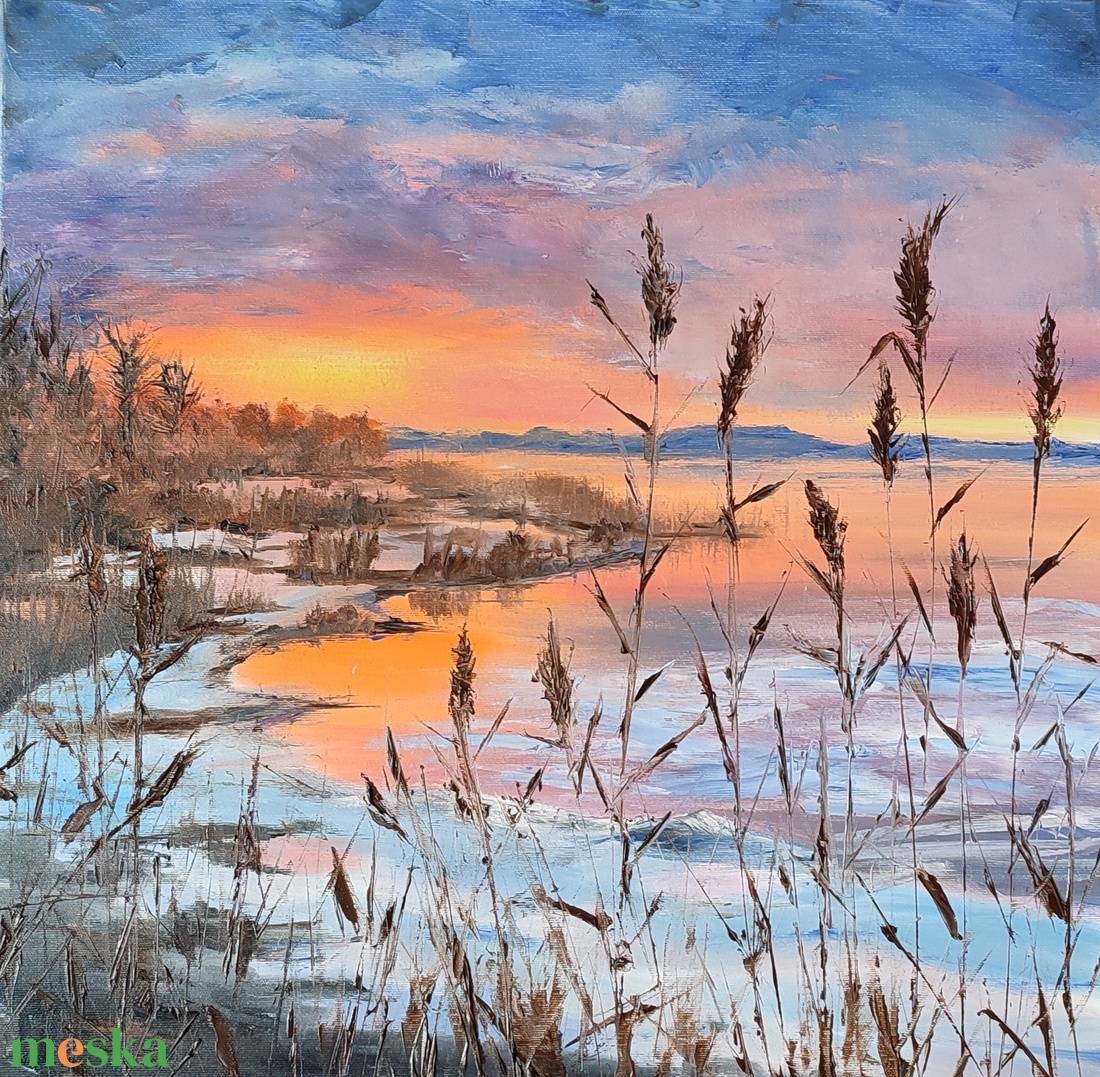Olvadás a Balatonnál - olaj tájkép 55x55cm - művészet - festmény - olajfestmény - Meska.hu