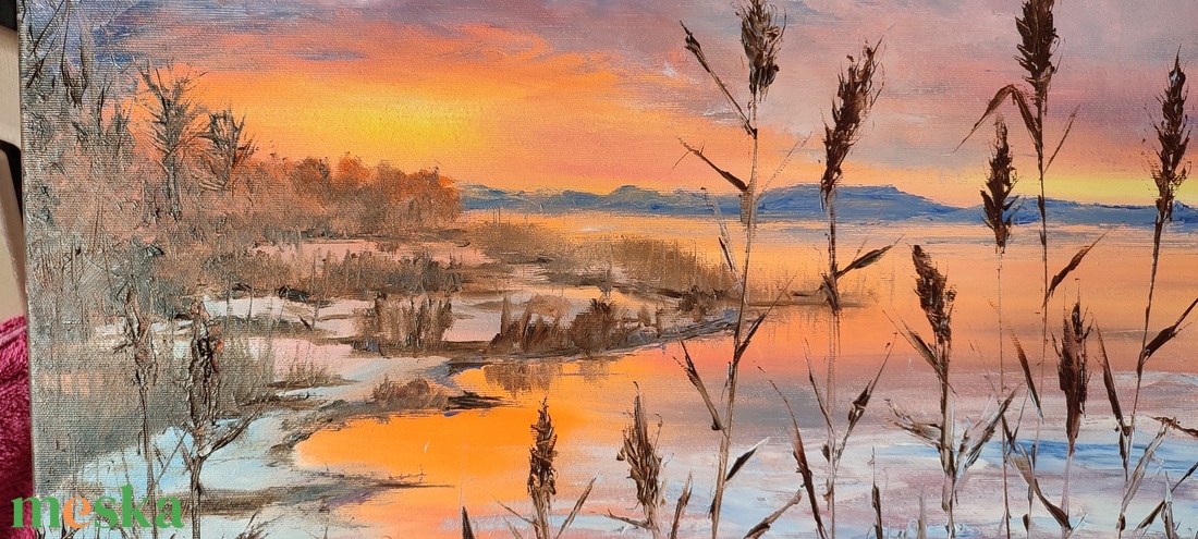 Olvadás a Balatonnál - olaj tájkép 55x55cm - művészet - festmény - olajfestmény - Meska.hu