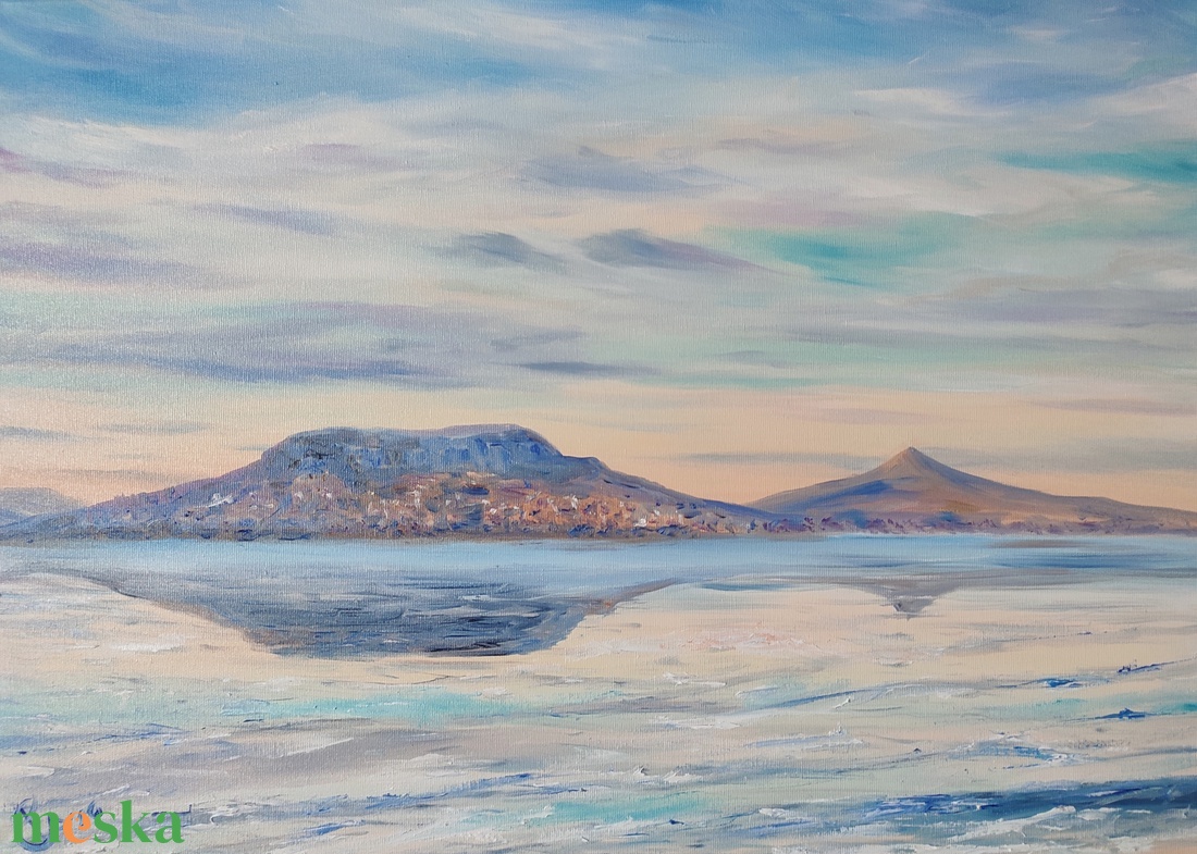 Téli naplemente Fonyódról - olaj tájkép 70x50cm - művészet - festmény - olajfestmény - Meska.hu