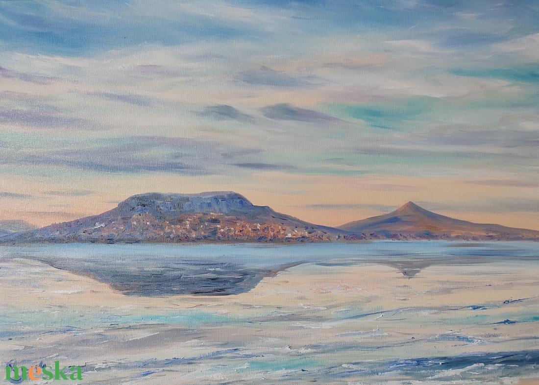 Téli naplemente Fonyódról - olaj tájkép 70x50cm - művészet - festmény - olajfestmény - Meska.hu