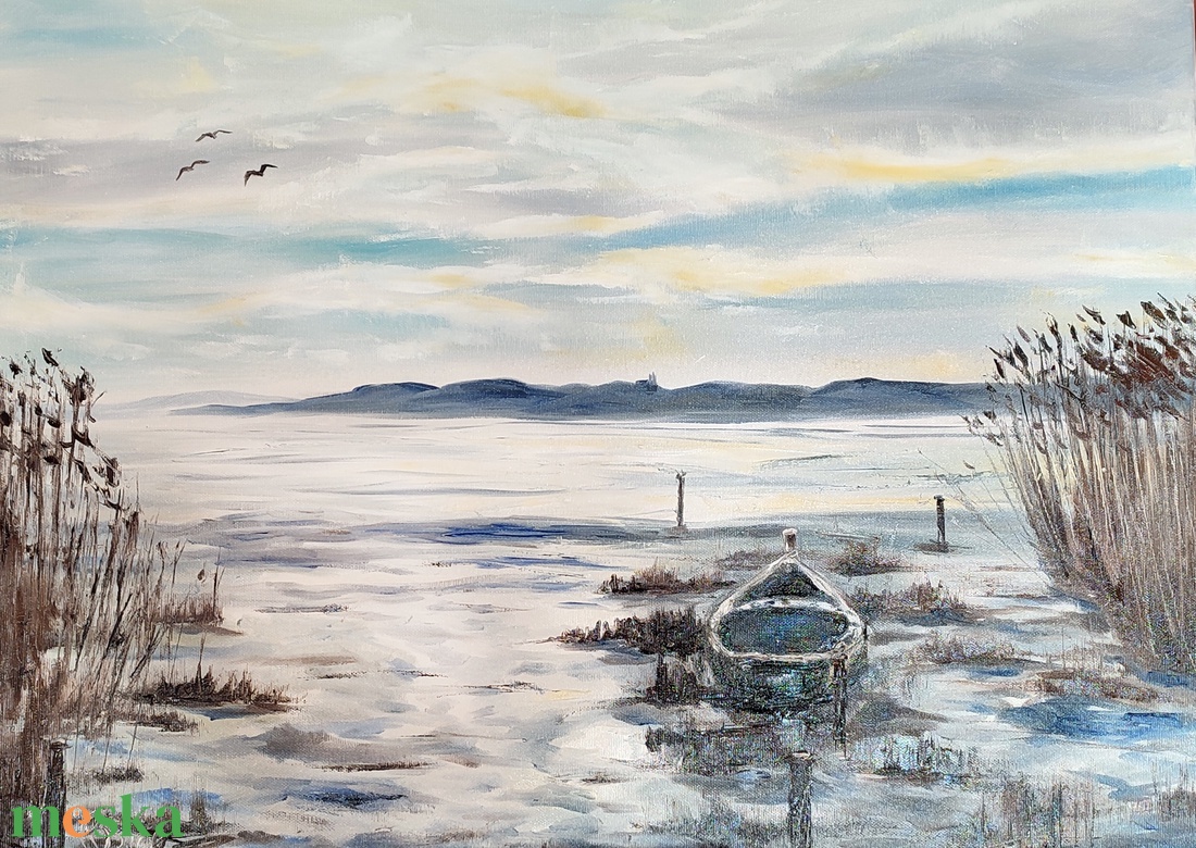 Tihanyi naplemente Paloznakról - 70x50 cm-es olaj tájkép feszített vásznon - művészet - festmény - olajfestmény - Meska.hu