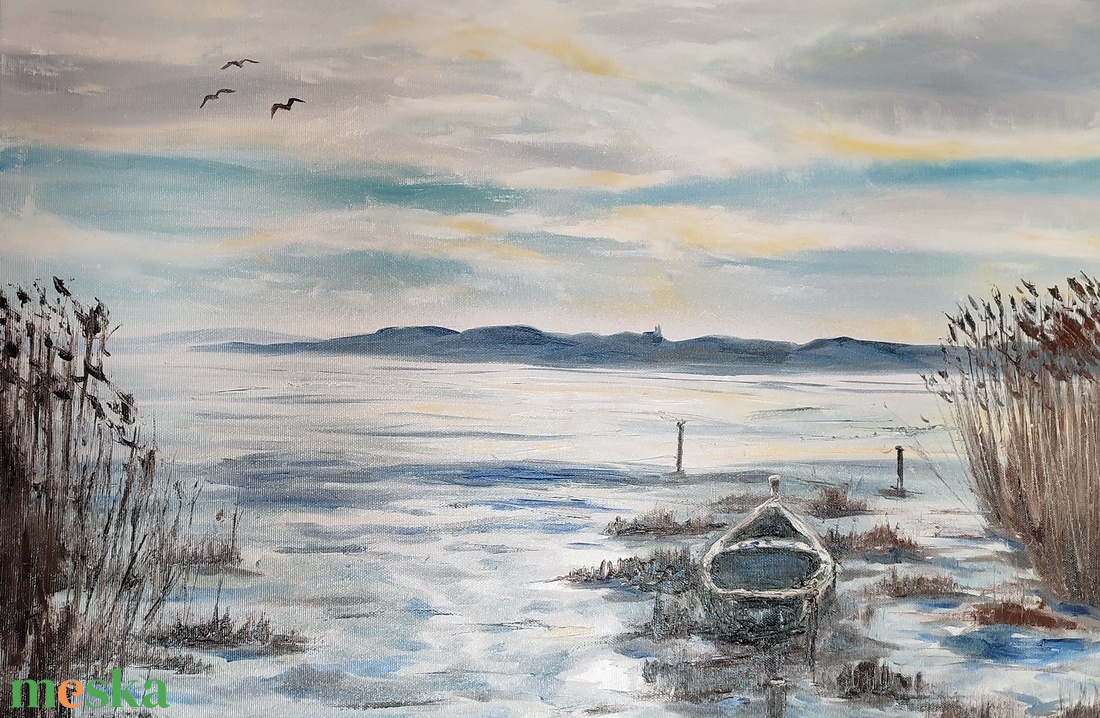 Tihanyi naplemente Paloznakról - 70x50 cm-es olaj tájkép feszített vásznon - művészet - festmény - olajfestmény - Meska.hu