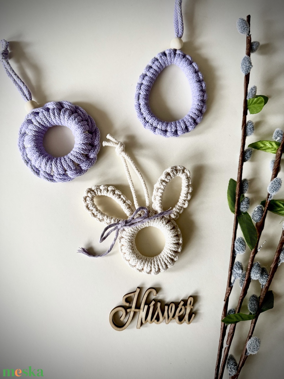 3 db-os húsvéti makramé tavaszi dekoráció nyuszis szett - otthon & életmód - dekoráció - fali és függő dekoráció - függődísz - Meska.hu
